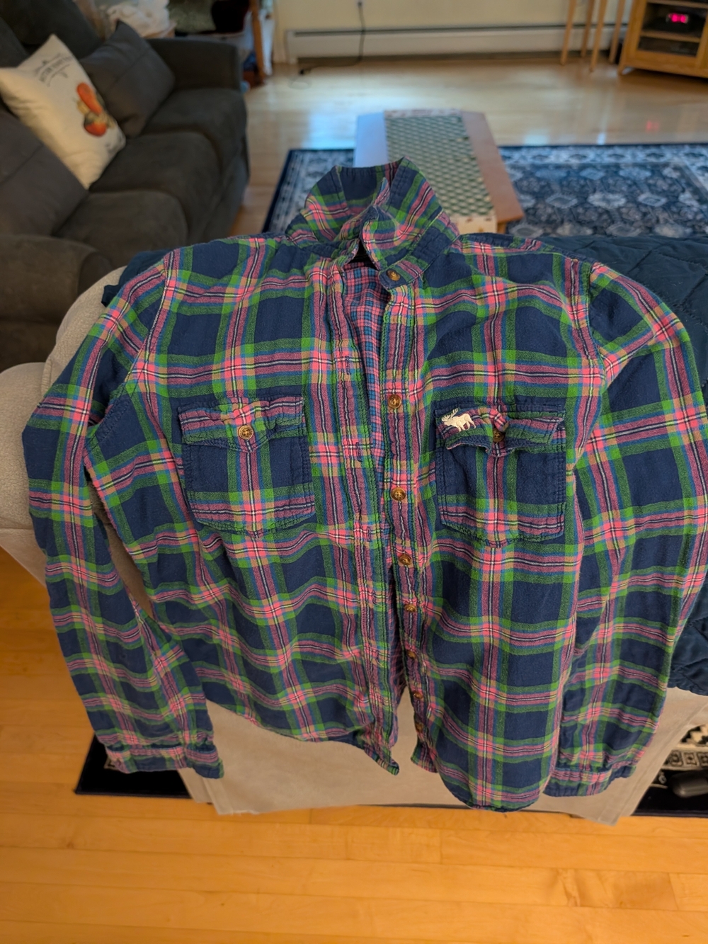 Abercrombie & Fitch Navy, Green & Pink Plaid Button-Down Shirt